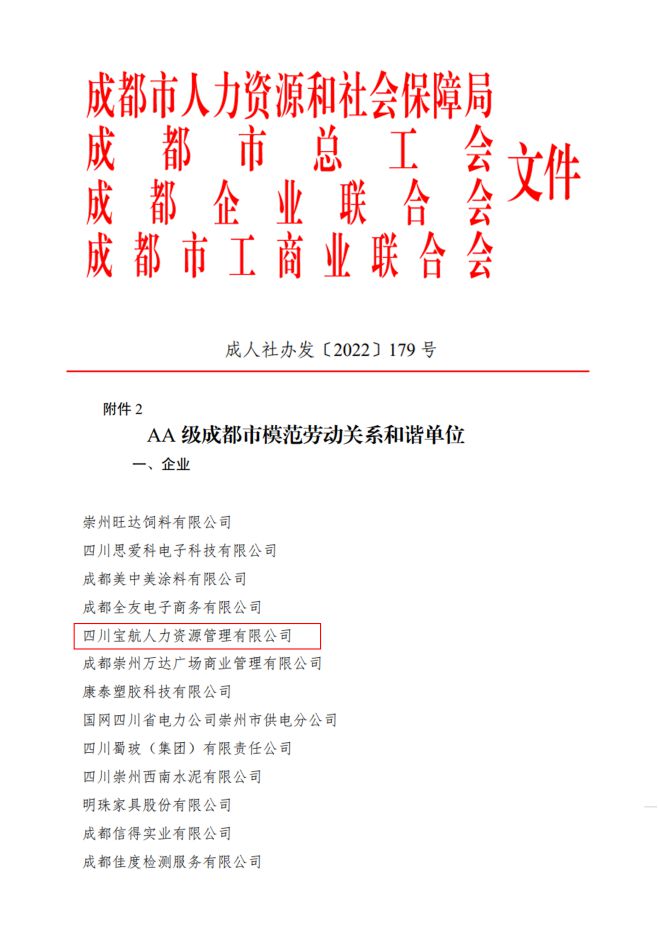 喜报｜宝航人力集团荣获AA级成都市模范劳动关系和谐单位